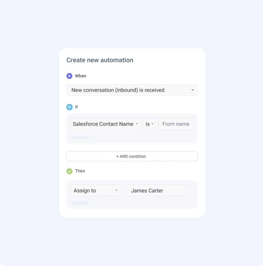 Screenshot of Hiver’s automation builder showing how inbound messages can be automatically routed to specific team members